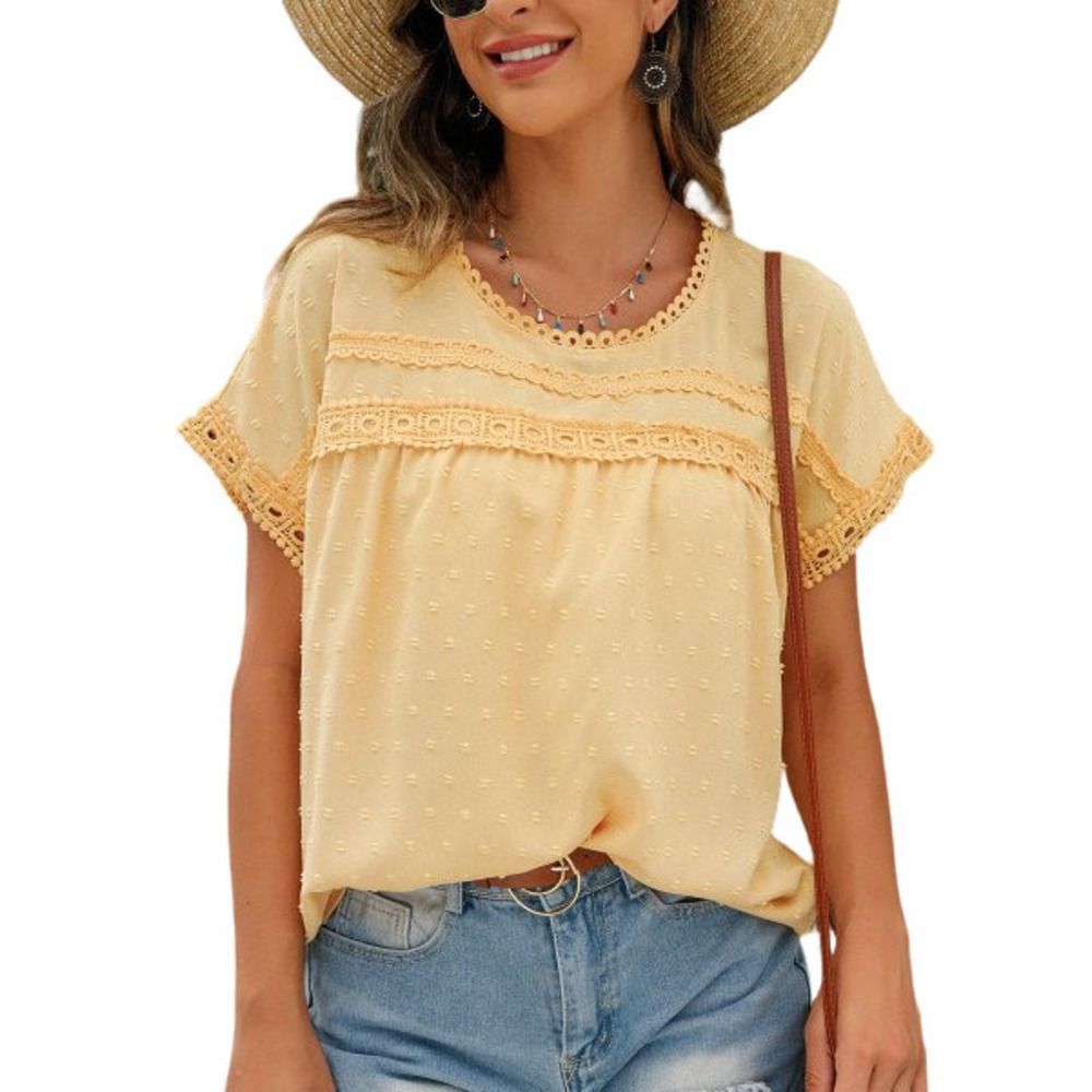 Camisa Yellow Swiss Dot Lace-Accent Button Back Top Size L